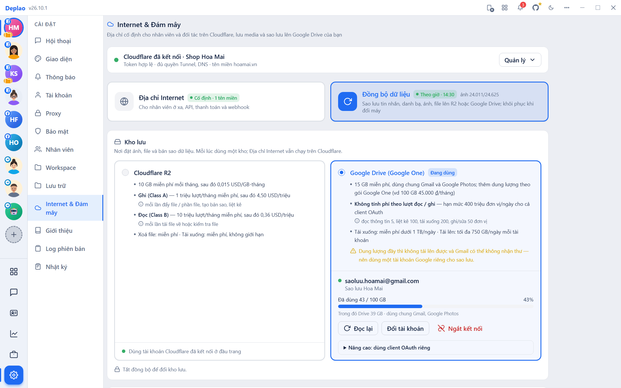 Internet và Đám mây với Cloudflare, Google Drive trong Deplao